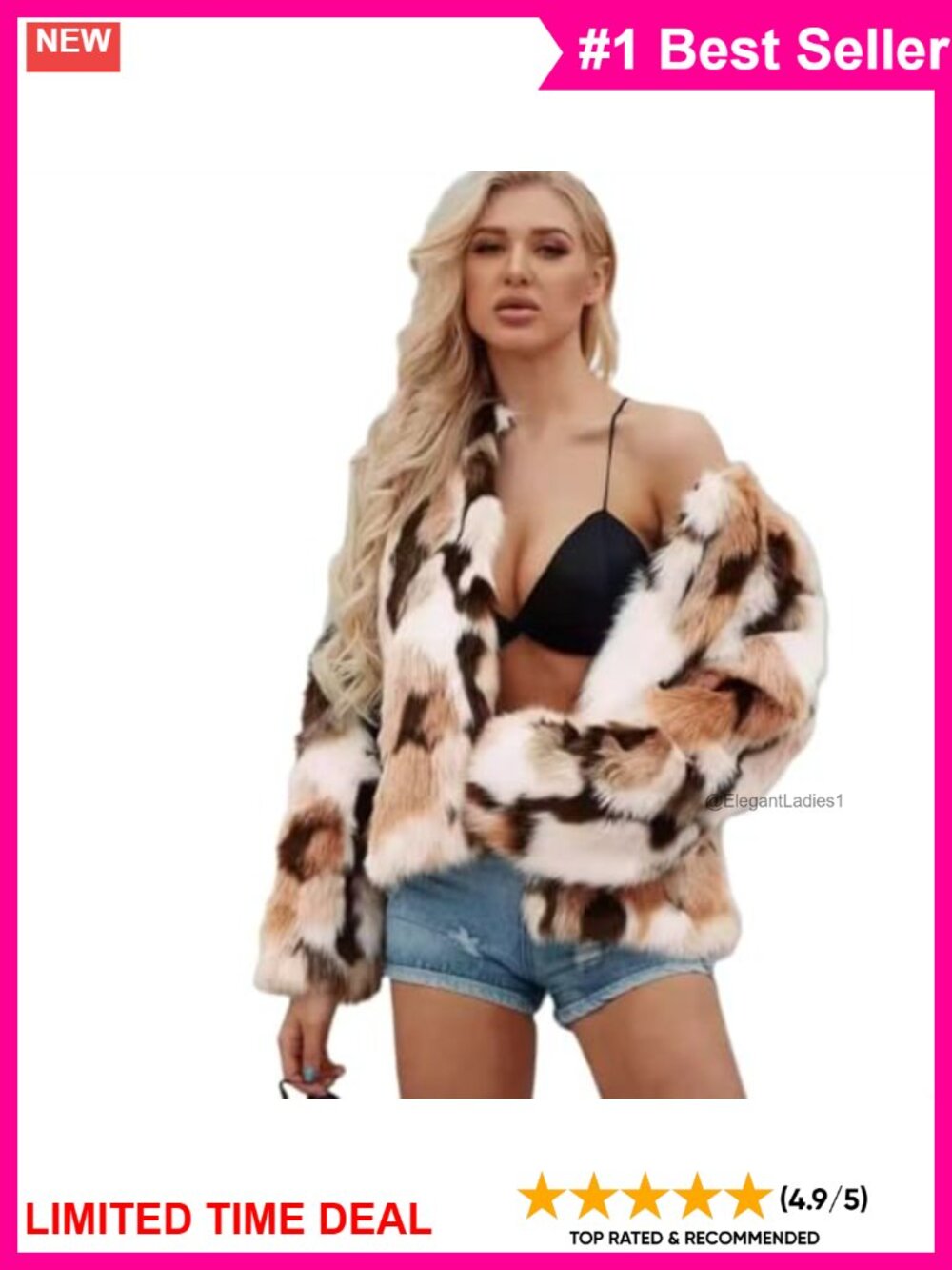 Faux Fur Coat Jacket Women Long Sleeve Hook Closure Animal Print Shorty